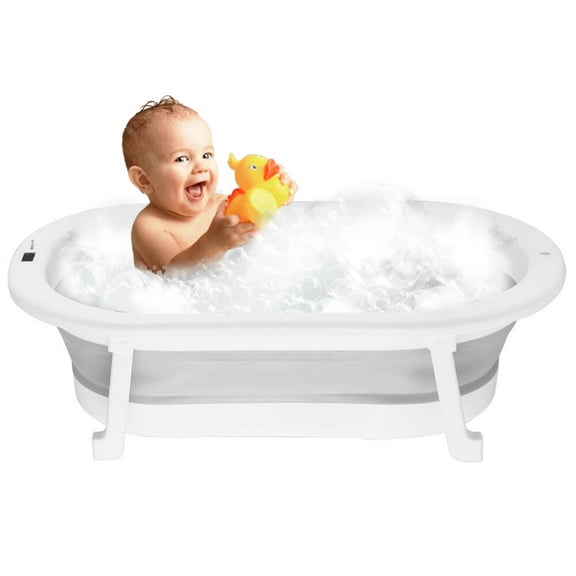 bañera para bebé con protecciones antiderrapantes y termómetro plegable y portátil de color gris  tina de baño para bebé de viaje baby gaon gnbt01