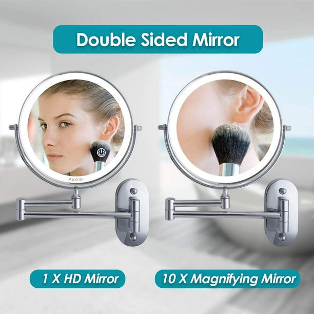  Espejo de maquillaje con luces y aumento de 10 aumentos, espejo  de tocador montado en la pared con enchufe y aumento extensible de 360°,  espejo de maquillaje giratorio de 360°, espejo
