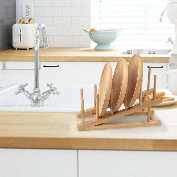 Escurridor de platos de madera, soporte para platos de madera, organizador  de tapa de olla, estante de secado de platos para armarios de cocina