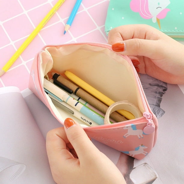 Estuche para lápices de unicornio, material escolar Kawaii, bolsa para  cosméticos de PU, bolsa con cremallera para papelería