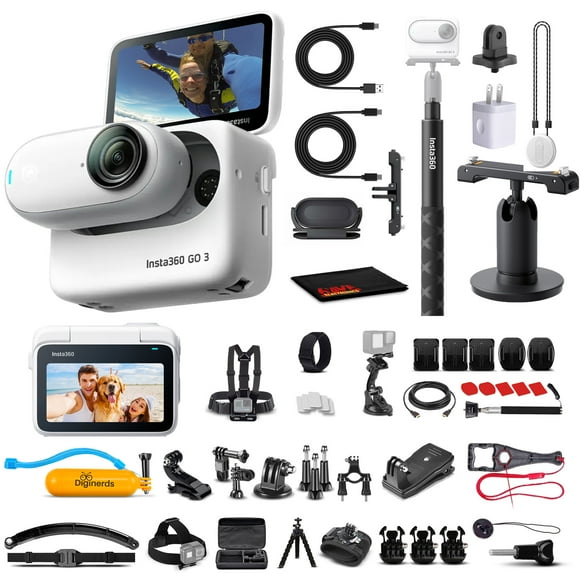 insta360 go3 64gb action and sports vlogging camera portable wearable and mount anywhere webcam live streaming stabilization bundle with insta 360 go 3 selfie stick and 50 pc accessory kit  more