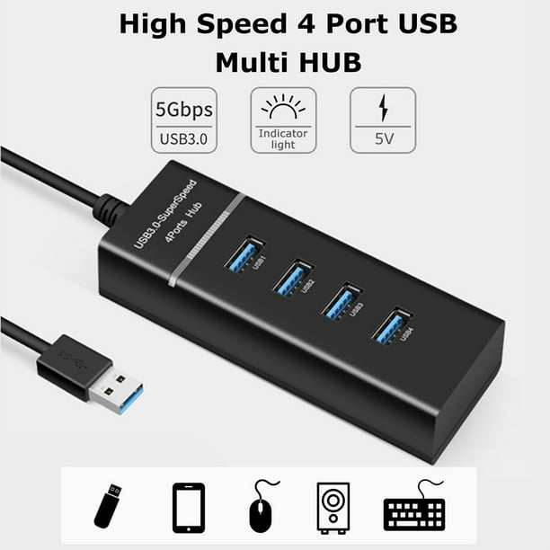 Expansor de 4 puertos USB – Alta velocidad USB 3.0 y USB 2.0 Hub de puerto  USB múltiple – Puerto USB externo de aleación de aluminio para laptop, Mac