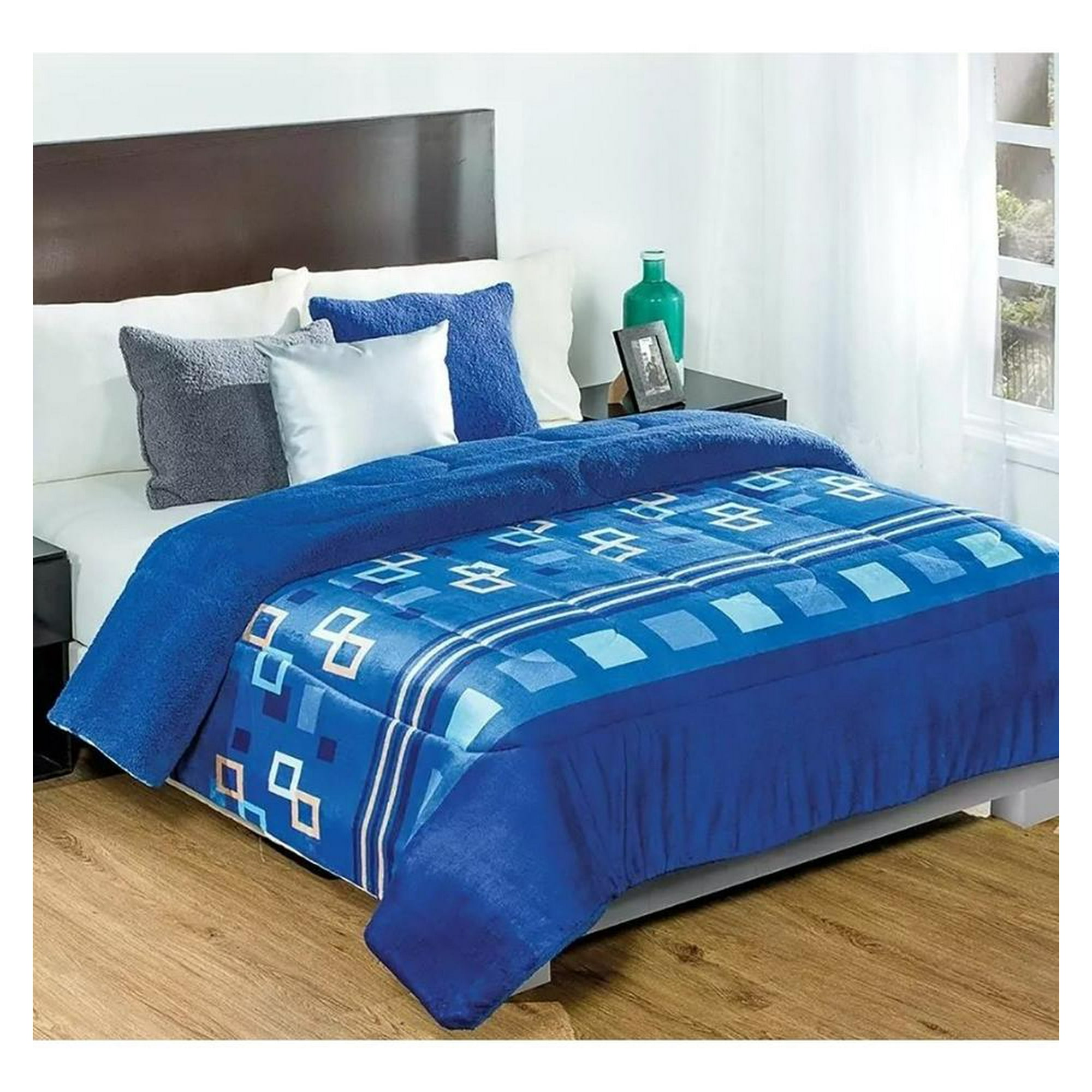 Cobertor Para Cama Individual De Borrega Diseño Cuadros Azul azul  Elefantito E21253