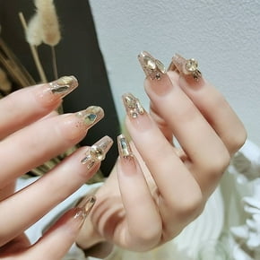 24 Uds. De uñas postizas de diamante dorado brillante, diseño de mariposa francesa, puntas de uñas acrílicas de cubierta completa usable para niñas Tan Jianjun unisex