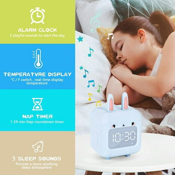 FanShow Reloj despertador para niños, reloj despertador digital para niños,  lindo reloj despertador con forma de conejito para niñas, reloj despertador  con ruido blanco, luz nocturna con USB, reloj despertador infantil para