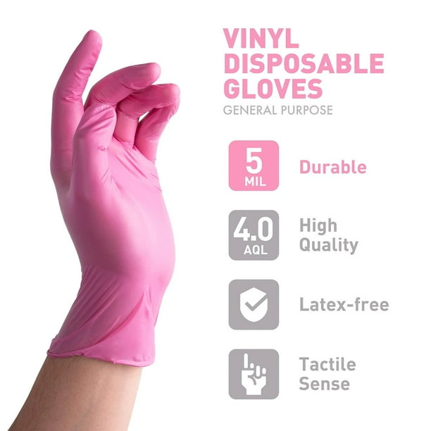  Paquete de 100 guantes desechables de vinilo rosa, sin látex y  sin energía, guantes de examen de grado alimenticio para limpieza,  preparación de alimentos, uso en cocina, talla S : Salud