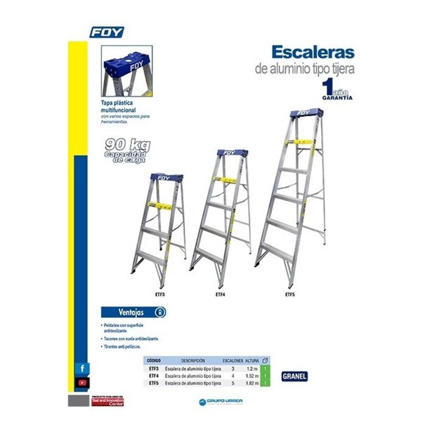 Escalera de tijera tipo III de aluminio y tapa plástica con 5