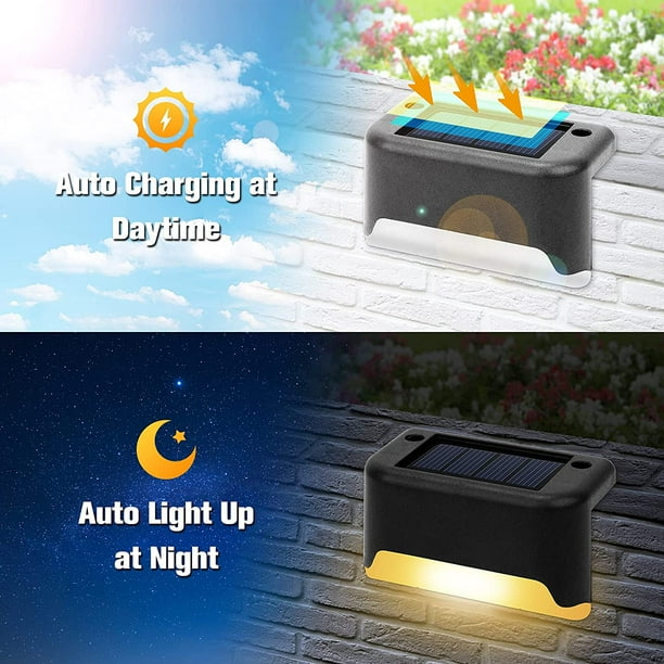 6 luces solares para valla impermeables, 8 luces LED de pared para  exteriores, luz de Navidad para escaleras, valla, terraza, patio, blanco  cálido.