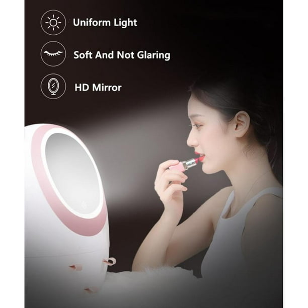  Organizador de maquillaje con espejo de luz LED, caja de  almacenamiento portátil para joyas, regulable, carga USB, luz LED,  almacenamiento de cosméticos para baño, tocador, tocador y encimera, color  blanco 