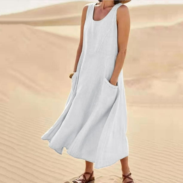 Vestido de lino de algodón de verano para mujer Vestido sin mangas