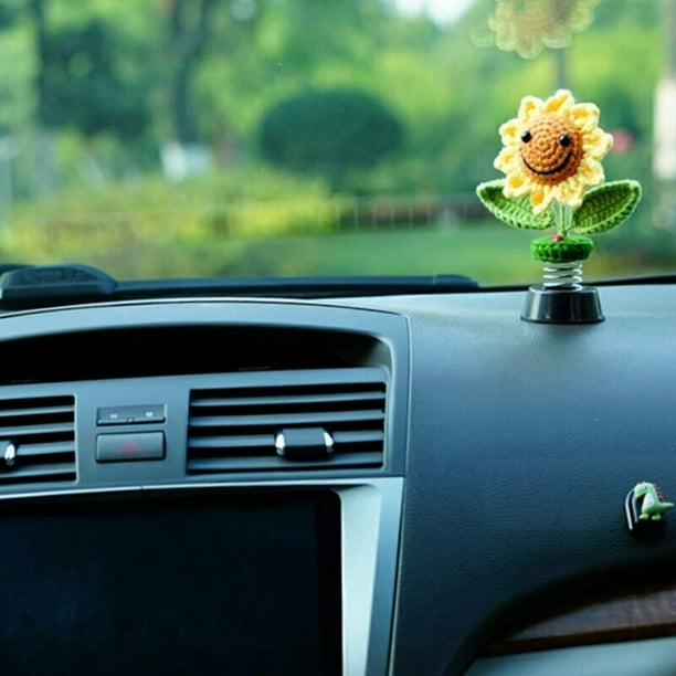 Decoración del tablero de instrumentos del coche de flores de ganchillo,  accesorios de coche Bobblehead de pequeñas flores para mujeres, lindos  accesorios de coche interior, ambientador de aire del coche 