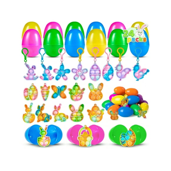 syncfun 24 pcs prefilled easter egg with mini pop fidget bubble keychain for kids fidget sensory stress relief toy for easter basket stuffers easter