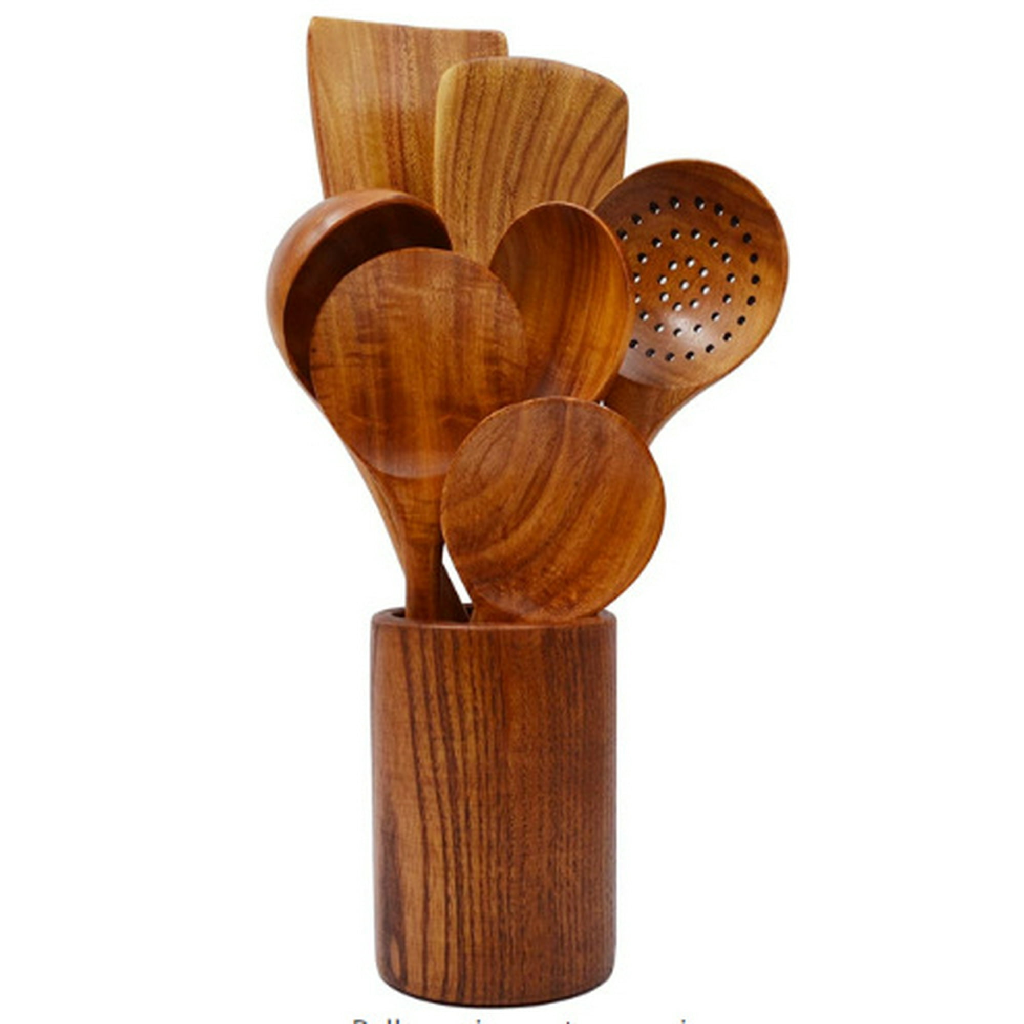 Juego de utensilios de cocina con soporte, utensilios de cocina de madera para  cocinar, utensilios de madera, cucharas de madera natural para cocinar,  juego de utensilios de cocina de madera con espátula