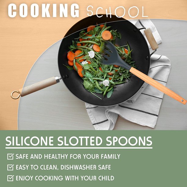 Cuchara de silicona con mango de madera, cuchara para servir ranurada  antiadherente, utensilios de cocina resistentes