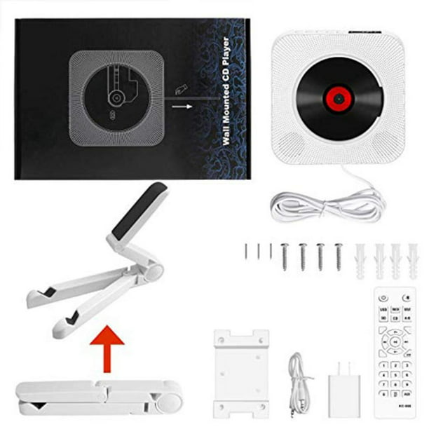 Reproductor de CD portátil con Bluetooth, reproductor de música cd montable  en la pared audio doméstico con control remoto radio FM altavoces hifi  incorporados, conector para auriculares mp3 A