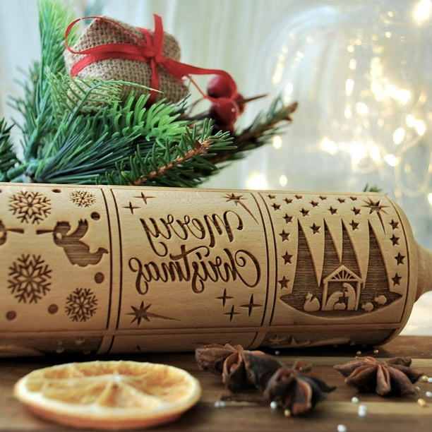 Rodillo de madera de Navidad, rodillo grabado en relieve, herramientas de  decoración de cocina para hornear galletas en relieve (estilo 3)