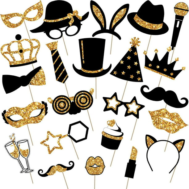 24 piezas de accesorios para fotomatón de fiesta para cumpleaños, bodas,  graduación, graduación, año nuevo, suministros para fiestas, mezcla de  sombreros, pintalabios, corbata, coronas (dorado) ShuxiuWang 1327533073783