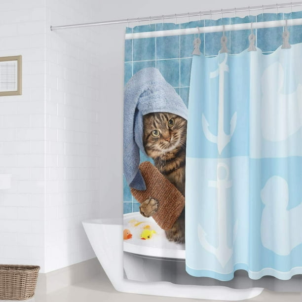 Divertida cortina de ducha con diseño de tiburón y gato, bonito juego de  cortinas de ducha con 12 ganchos para adultos, accesorios de decoración de