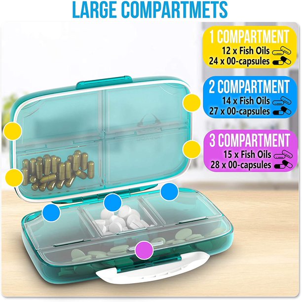 Organizador de medicamentos portátil grande, pastillero con 8  compartimentos herméticos, dispensador de píldoras interior desmontable  para viajes