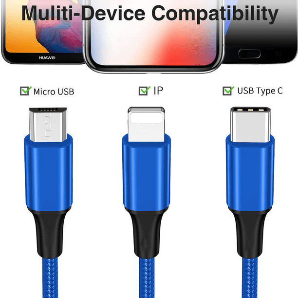 Cable de carga múltiple 3 en 1 Cargador múltiple Nylon trenzado Multi USB  Adaptador de cable de carga rápida es compatible