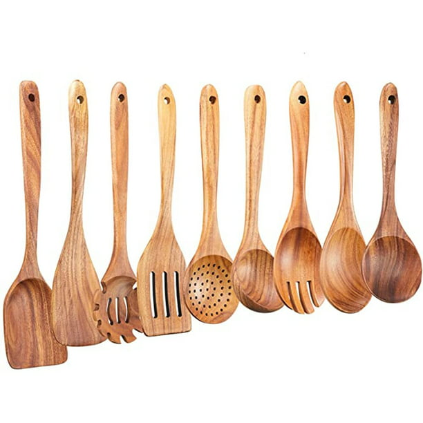 Cucharas de madera para cocinar con soporte, paquete de 10 utensilios de  cocina antiadherentes, utensilios de madera de teca natural antiarañazos  para