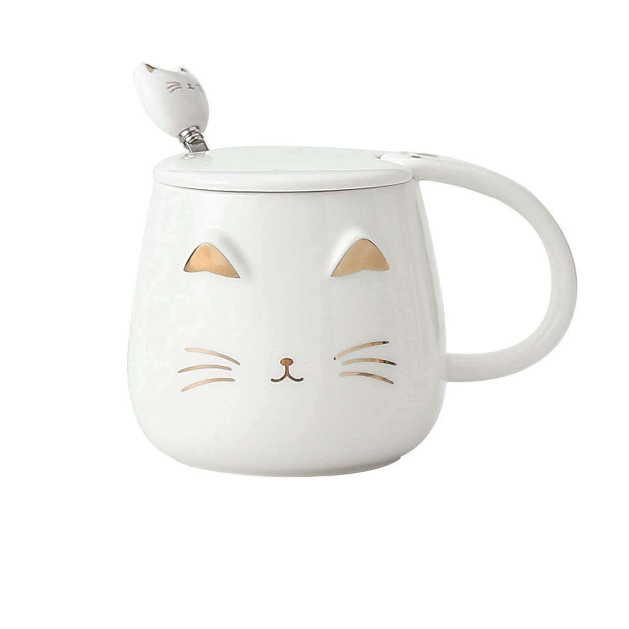 Juego de 2 tazas de café para gatos con tapa y bonita cuchara de gatito,  juego de tazas de leche para amantes de los gatos, niñas y mujeres, regalo  de cumpleaños de