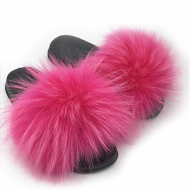 Hot Pink Raccoon Fur Slippers