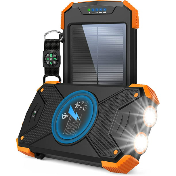 Banco de energía solar, Qi 10,000 mAh Cargador portátil Batería externa  Tipo C Entrada Lámpara de bo esquí esquí Gafas de esquí