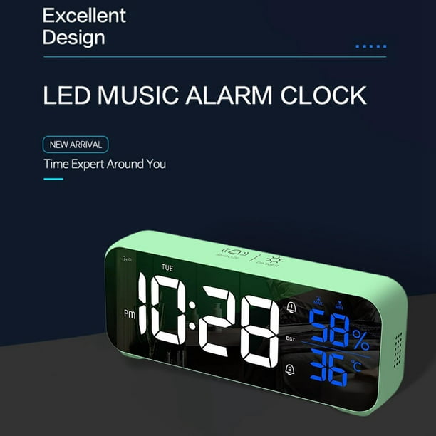 Reloj de mesa Digital con música, despertador electrónico con espejo LED,  Control de voz, pantalla de temperatura y fecha, recargable por USB