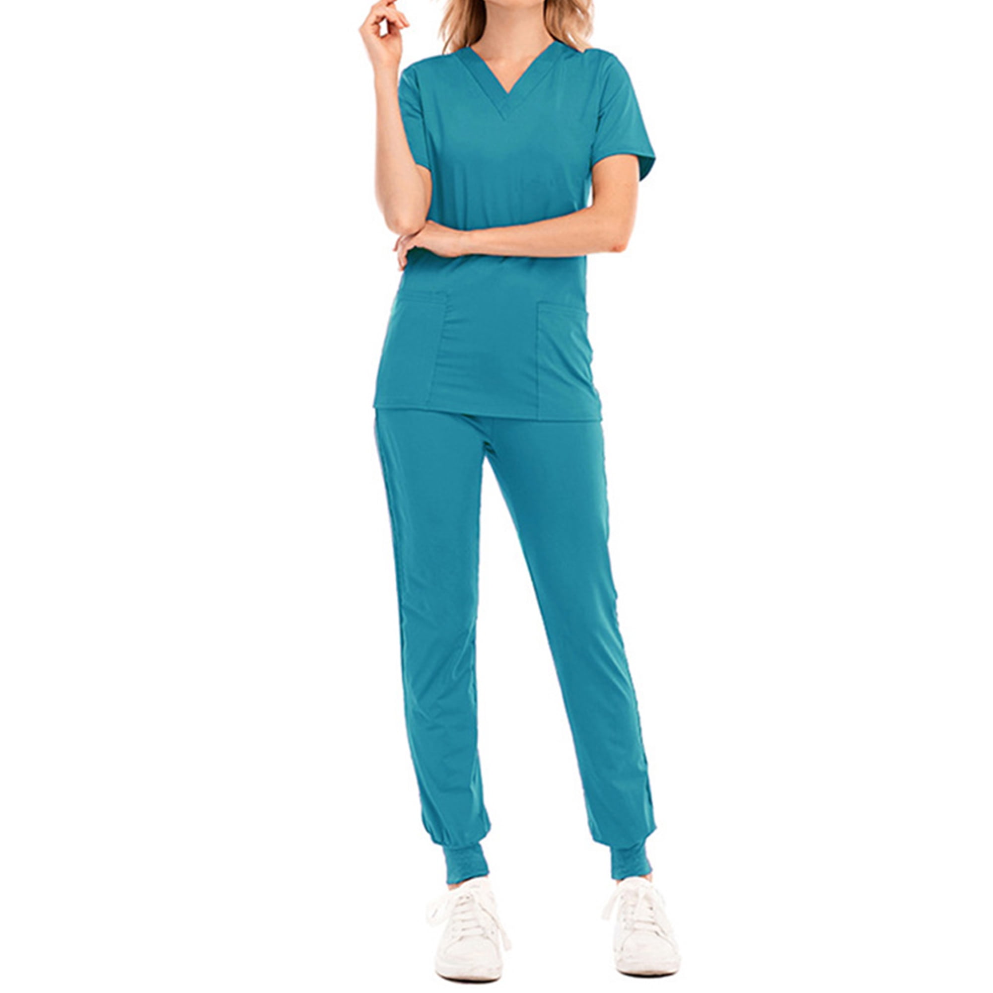 Conjunto de uniformes médicos para mujer, pantalones deportivos con cuello  en V y pantalones de yoga con bolsillo, elástico, uniforme de trabajo para