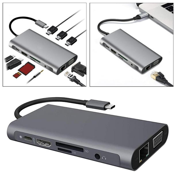 USB C HUB,10 en 1 Adaptador USB C a HDMI 4K, con VGA, Puerto de Carga