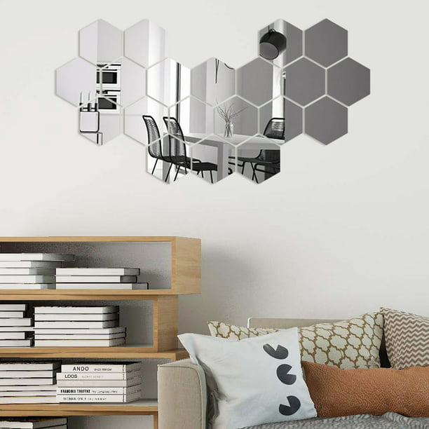  KimDaro Pegatinas de pared de espejo sin espejo de cristal,  espejo de plástico, 3D, hexagonal, acrílico, decoración de pared, azulejos  autoadhesivos (15 piezas) : Hogar y Cocina
