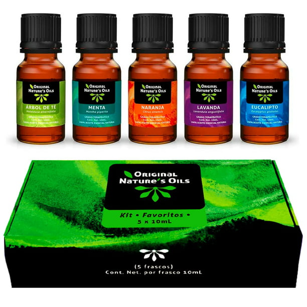 Kit de 5 aceites Esenciales para difusor y Aromaterapia Lavanda, Árbol de  Té, Eucalipto, Naranja, Menta 5 x10 mL BIENAT AROMATERAPIA ORIGINAL  NATURE'S