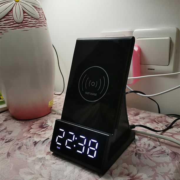 GENERICO Reloj Despertador Cargador Inalámbrico Termómetro Rapida Color  Negro