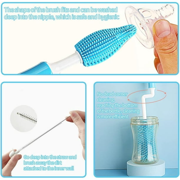 A-Brush - Cepillo limpiador de botellas de silicona, juego de 2 piezas,  flexible, mango largo, limpiador de botellas de agua, cepillo para pezón de