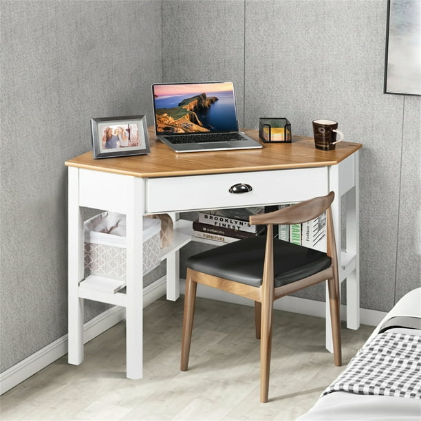 Escritorio de computadora triangular de madera maciza, mesa de estudio  multifuncional para dormitorio con almohadillas ajustables para los pies