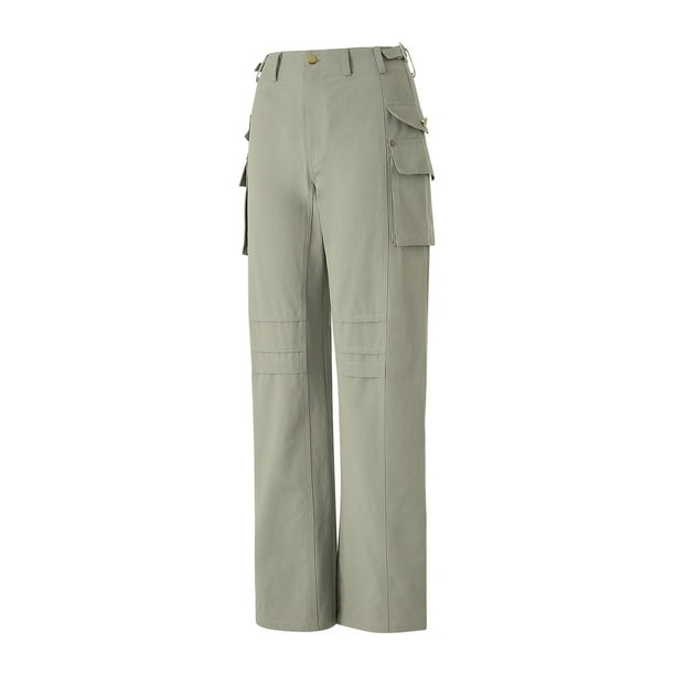 VISgogo Pantalones casuales para mujer, cintura baja, color sólido,  múltiples bolsillos, pierna ancha, pantalones largos sueltos VISgogo moda