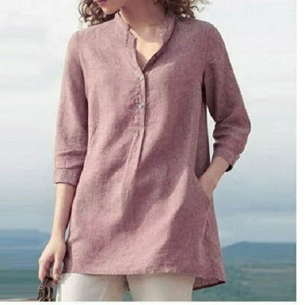 Camisetas de lino y algodón para mujer, ropa informal lisa, ropa