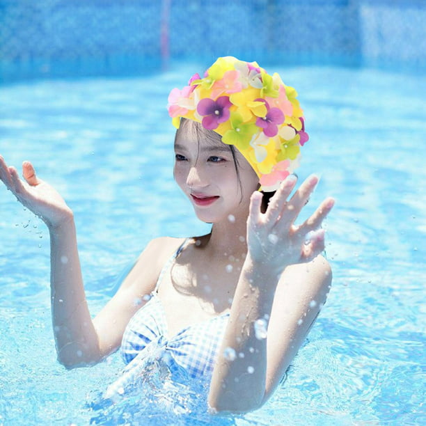 FAVOMOTO Gorro de natación con diseño floral para mujer, gorro de natación  impermeable para cabello largo, pétalo, sombrero de natación, gorra de