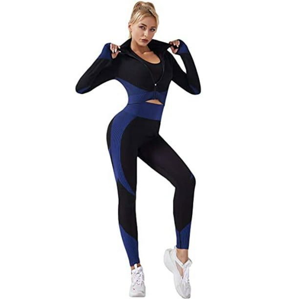 Conjunto de gimnasio para mujer Ropa deportiva de 3 piezas - Leggings de  yoga sin costuras para levantamiento de glúteos y sujetador deportivo
