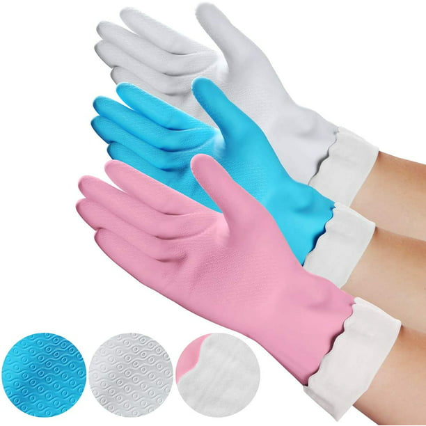 Guantes de limpieza para lavar platos - Guantes de cocina para el hogar con  forro de algodón suave - 3 pares de guantes de goma impermeables  reutilizables (3 colores) Adepaton HMHZ428-2