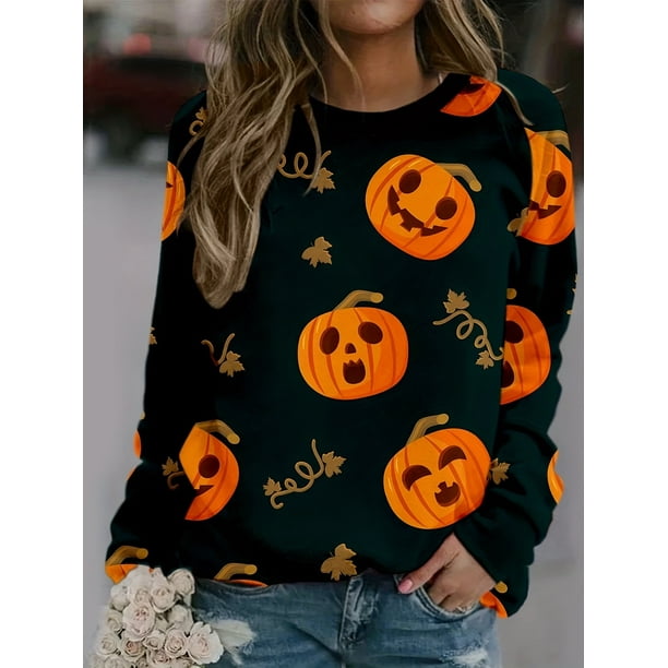 Sudadera Roja Con Estampado De Calabaza Y Cuello Redondo De Moda