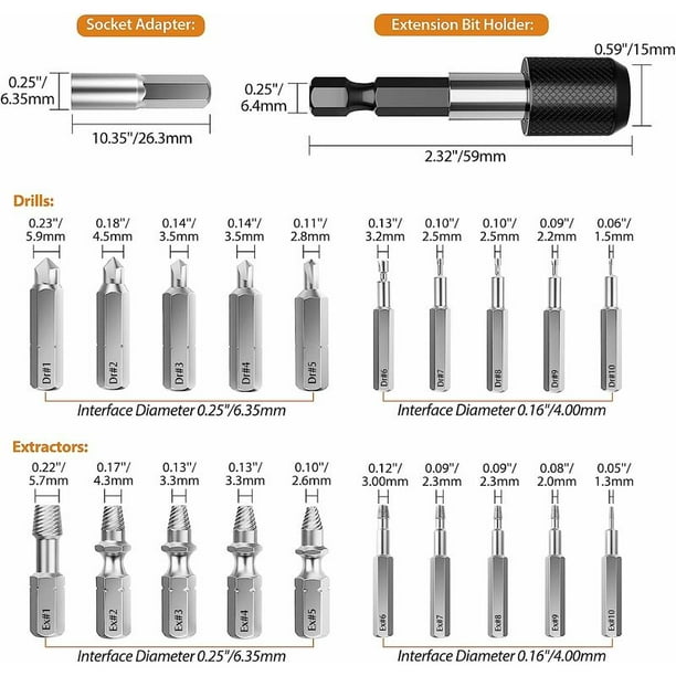 22 piezas Extractor de tornillos para tornillos rotos Drillpro HSS