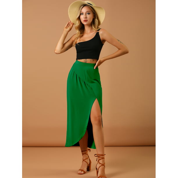  NA - Falda larga sexy de cintura alta para mujer, con doble  abertura, para verano, Verde : Ropa, Zapatos y Joyería