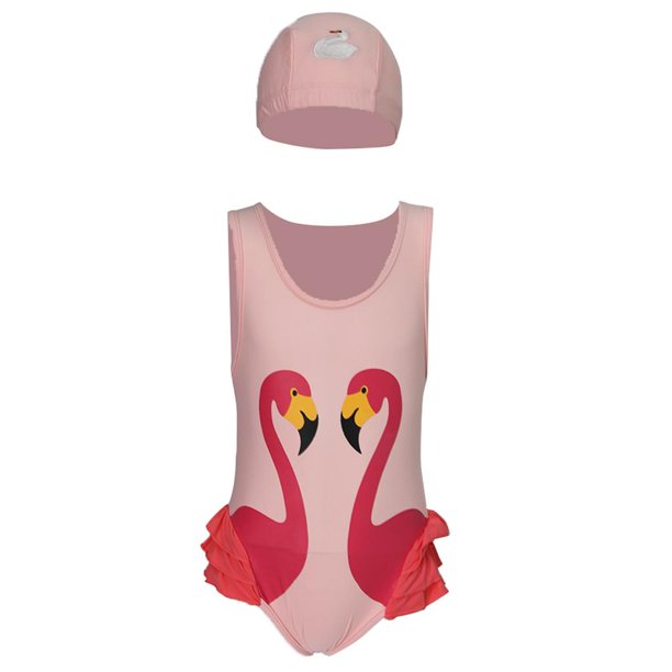 Traje De Baño Niñas Flamingo + Gorro Natacion + Gorro Sol