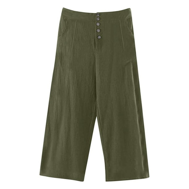Pantalones De Pierna Ancha Pantalones holgados de mujer Pantalones casuales  de lino de algodón sólido (Verde militar XXL) Cgtredaw Para estrenar