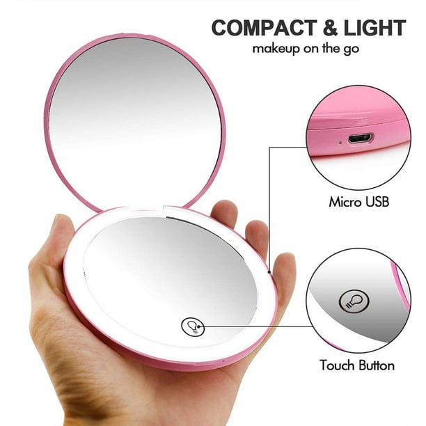 Espejo compacto con luz - Espejo de aumento de viaje - Espejo de aumento  10X para monederos - Recargable por USB con espejo compacto LED de 3  colores