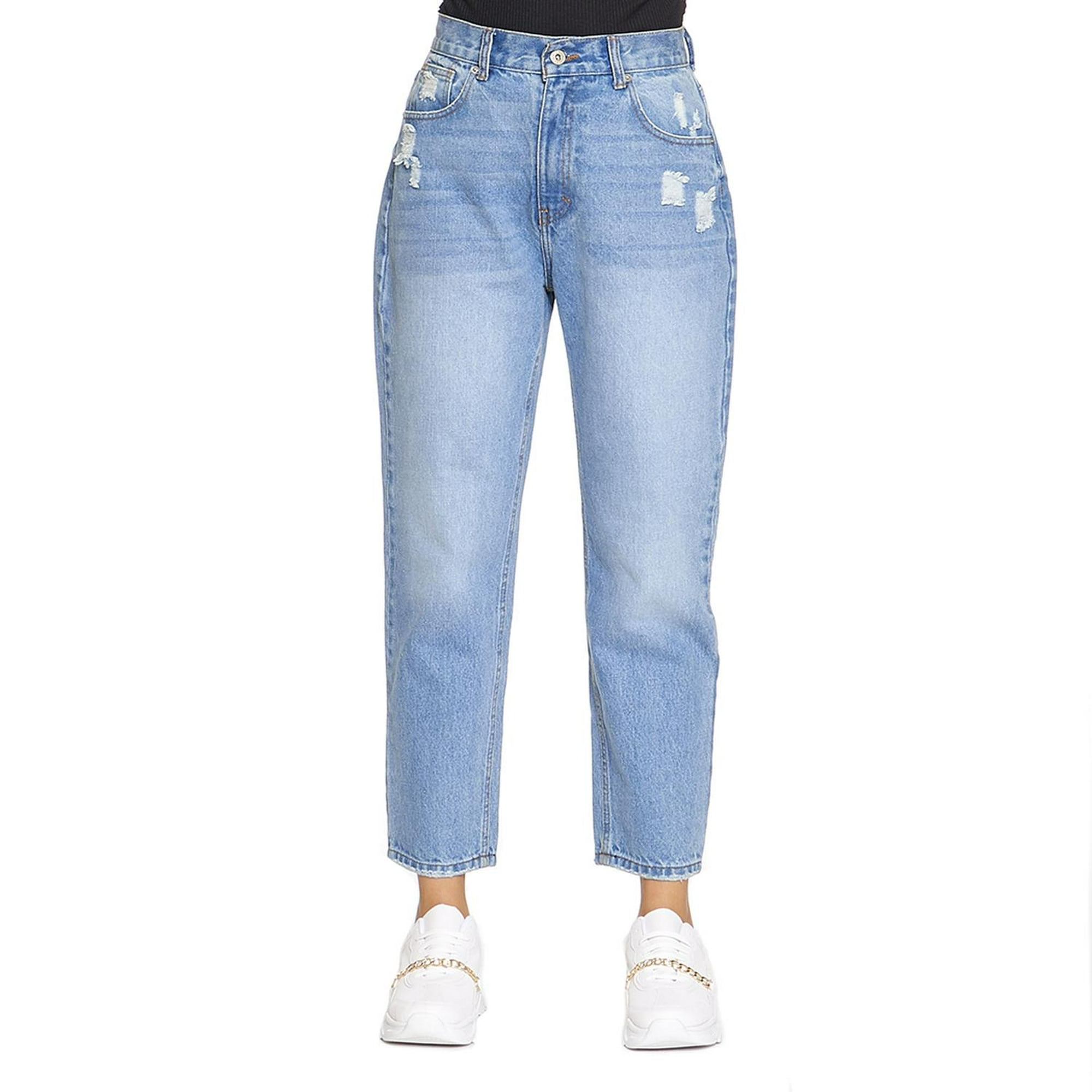 Jeans Mom Fit Tiro Alto Rasgado Para Mujer Moda Casual Juvenil Stone 110107  azul 5 INCÃ“GNITA 110107