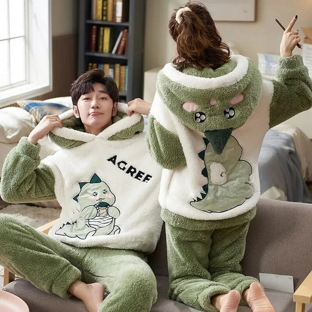 Conjuntos de pijamas para parejas para hombres y mujeres, ropa de dormir  gruesa de invierno, ropa de dormir de dinosaurio de dibujos animados,  amantes coreanos, ropa de casa suave y cálida