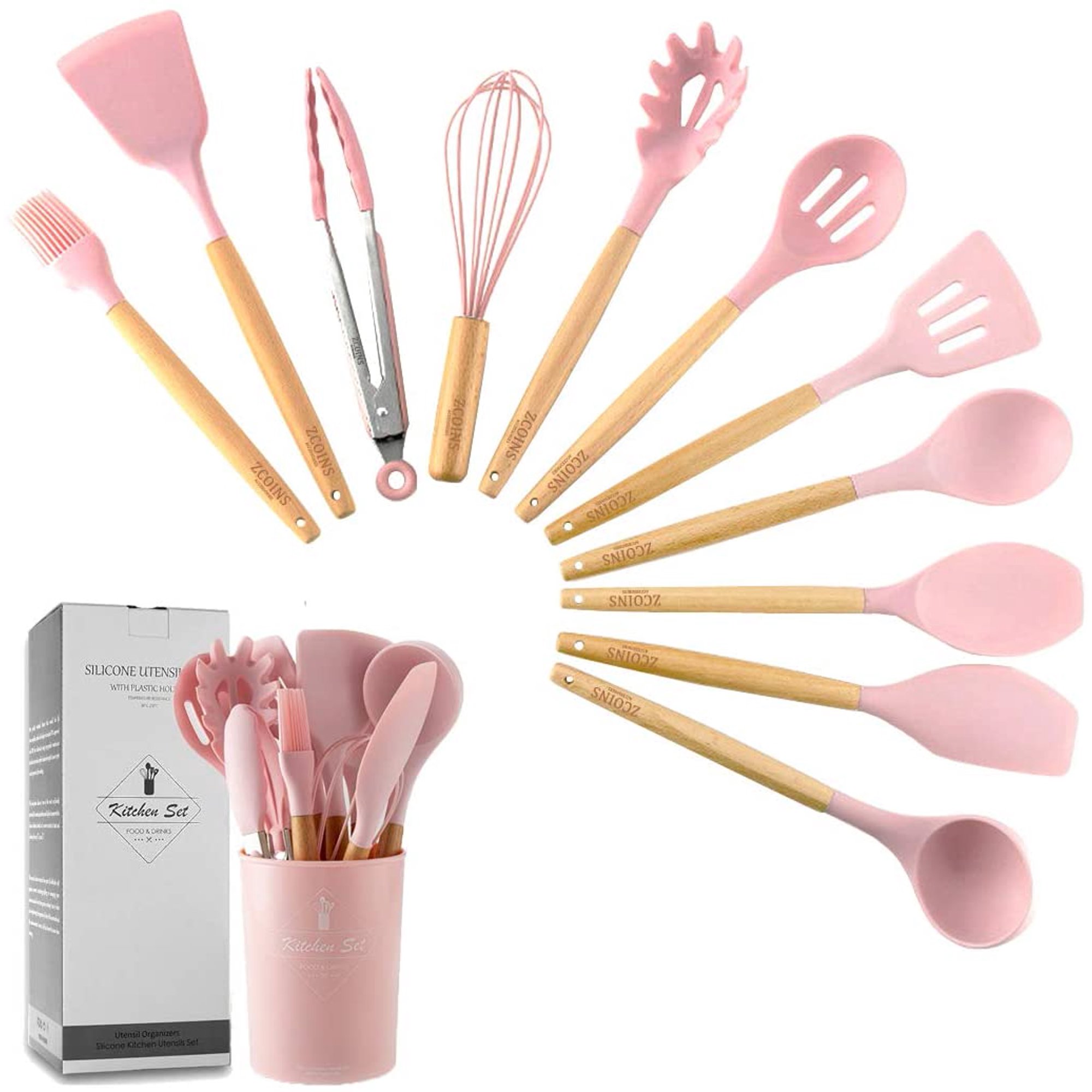 Set de Utensilios para Cocina con Mango de Madera Rosa GENERICO